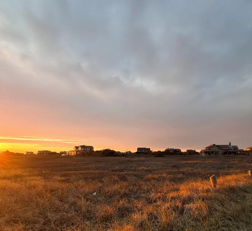 Nantucket homes along the horizon at sunset, seen across golden beach grass