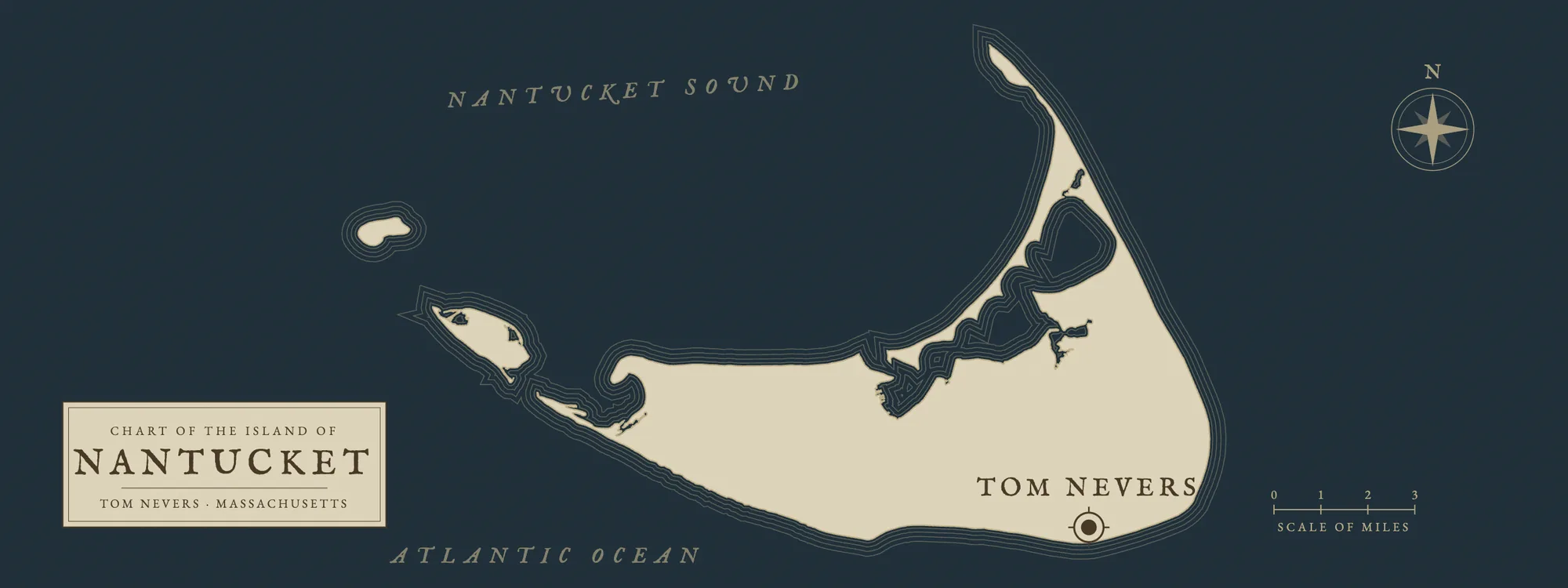 Chart of the island of Nantucket marking the Tom Nevers area