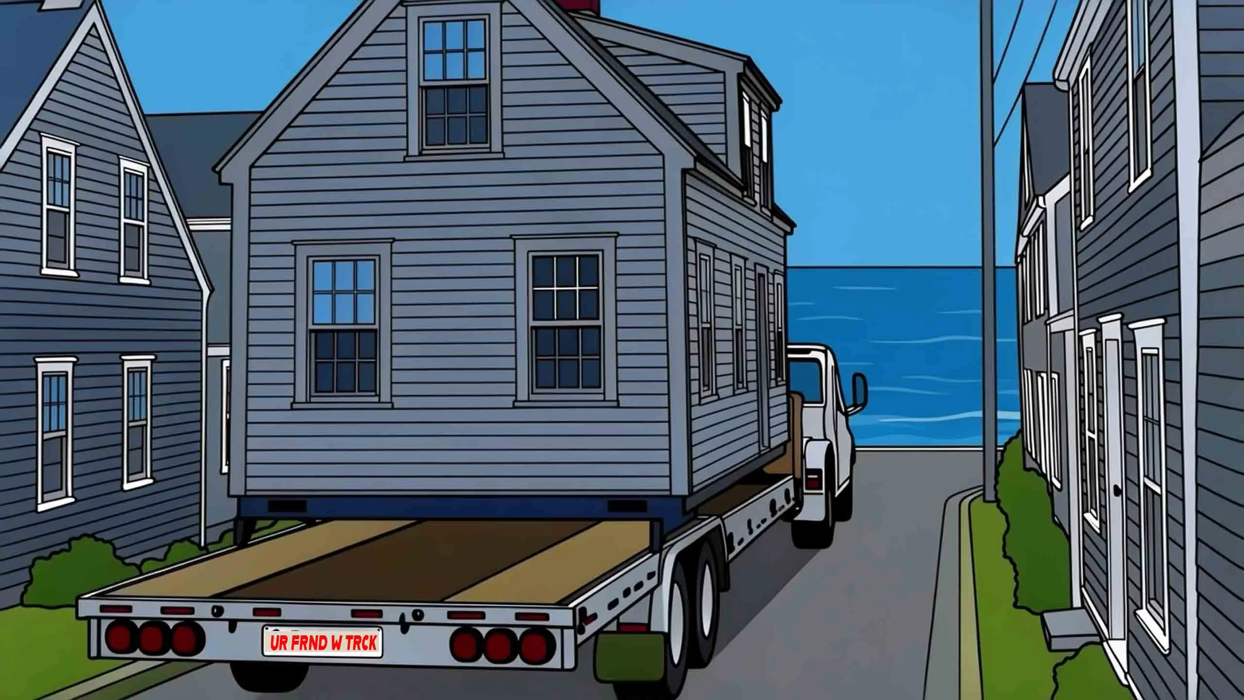 A Nantucket house riding a flatbed trailer down a narrow lane toward the water